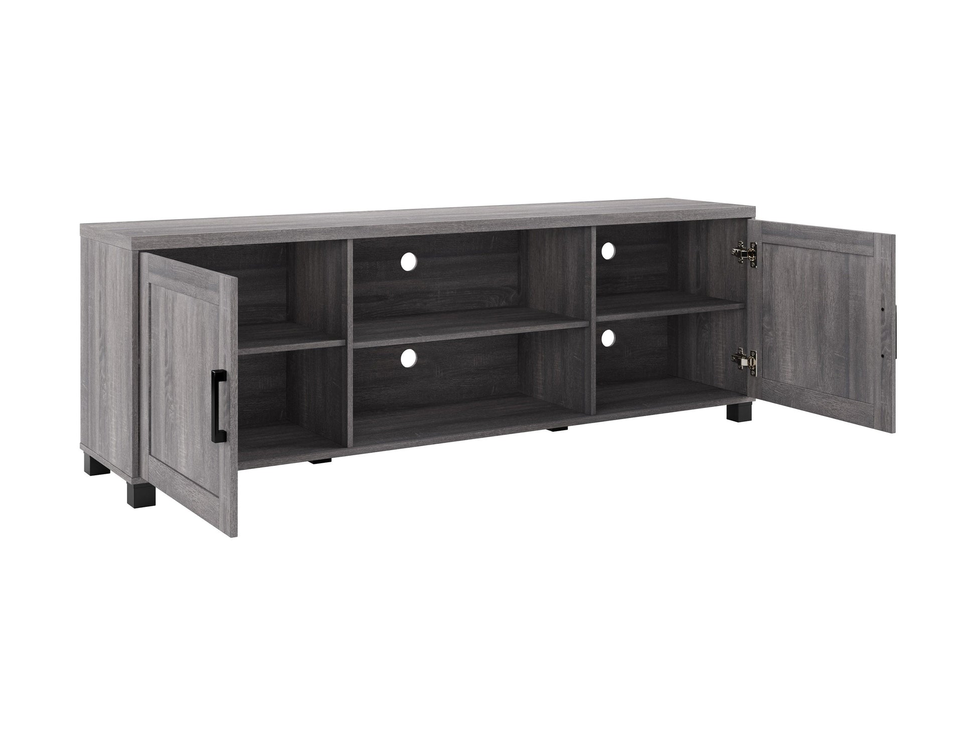 Dark grey TV stand with doors, designed for TVs up to 85 inches. Features sleek, modern design, smooth finish, and ample storage space for media devices and accessories.