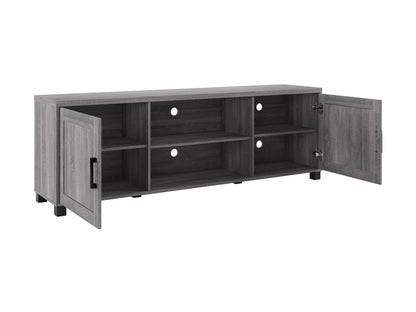 Dark grey TV stand with doors, designed for TVs up to 85 inches. Features sleek, modern design, smooth finish, and ample storage space for media devices and accessories.