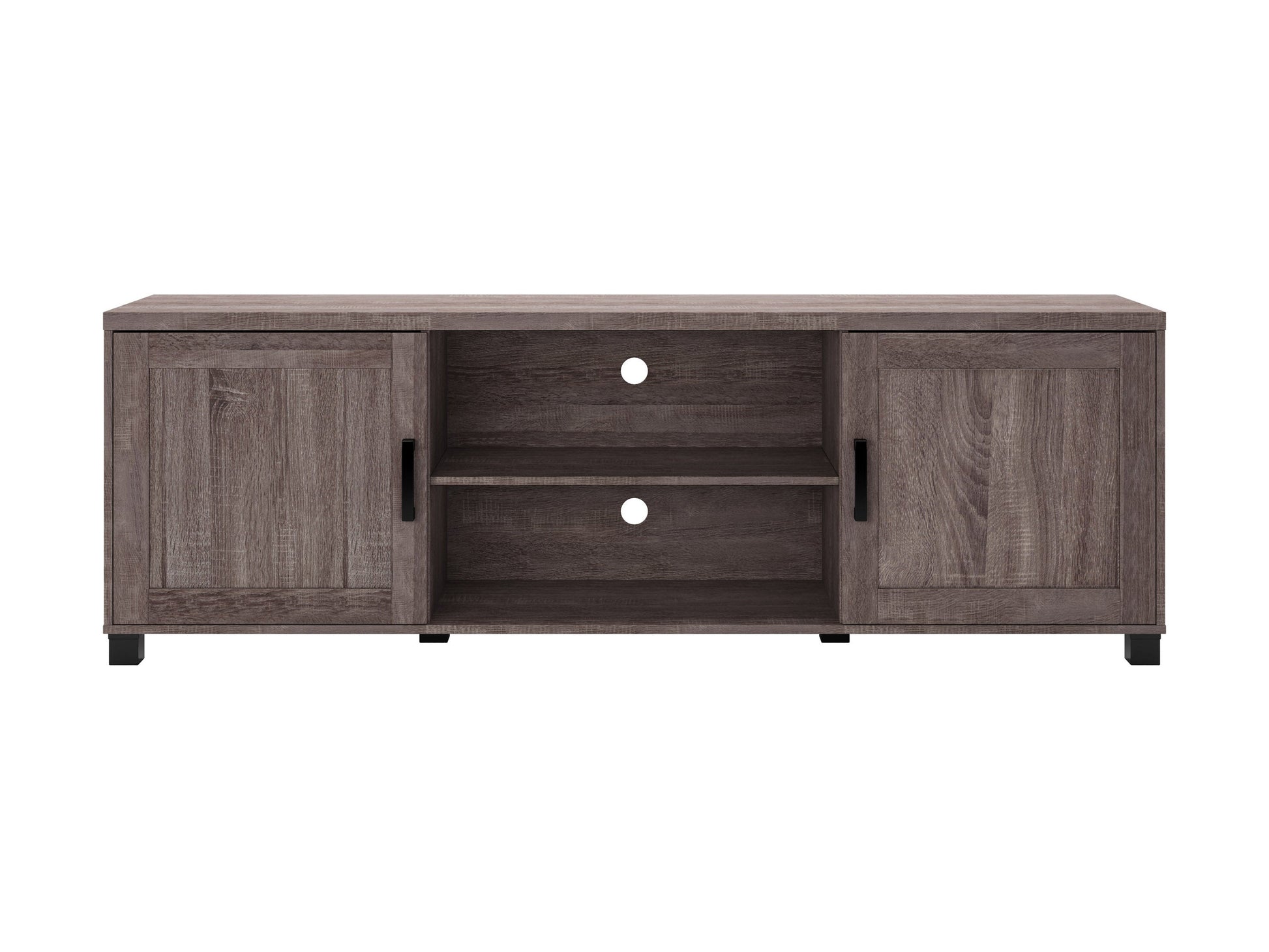 Brown wooden TV stand with doors, suitable for TVs up to 85 inches. Features a sleek design with ample storage space, including two cabinets and open shelving, perfect for living room organization.