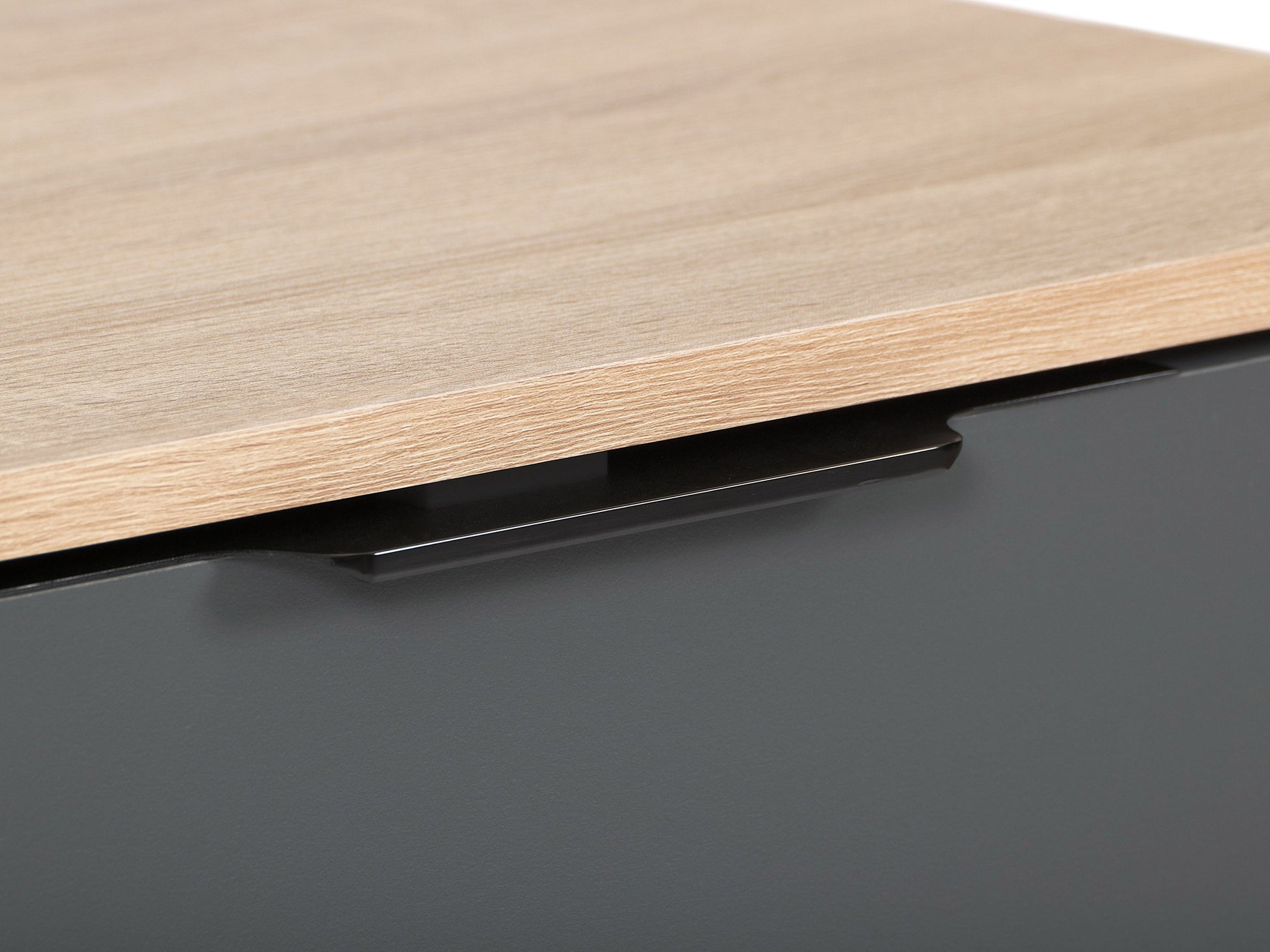 Light wood and grey TV stand with cabinet storage, fits TVs up to 85 inches, featuring sleek design, smooth textures, and ample storage space for media accessories.