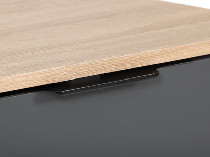 Light wood and grey TV stand with cabinet storage, fits TVs up to 85 inches, featuring sleek design, smooth textures, and ample storage space for media accessories.
