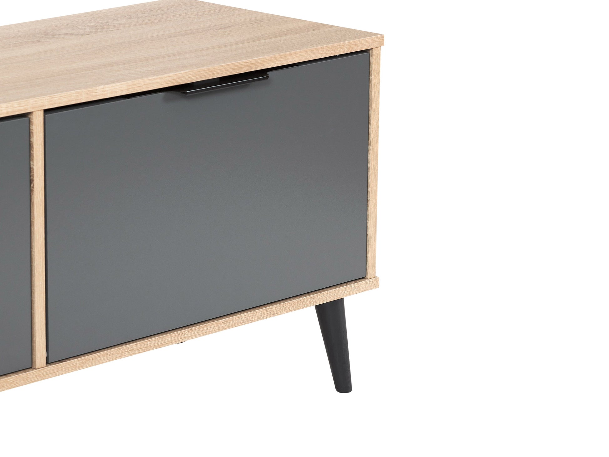 Light wood and grey TV stand with cabinet storage, fits TVs up to 85 inches, featuring sleek design, smooth textures, and ample storage space for media accessories.