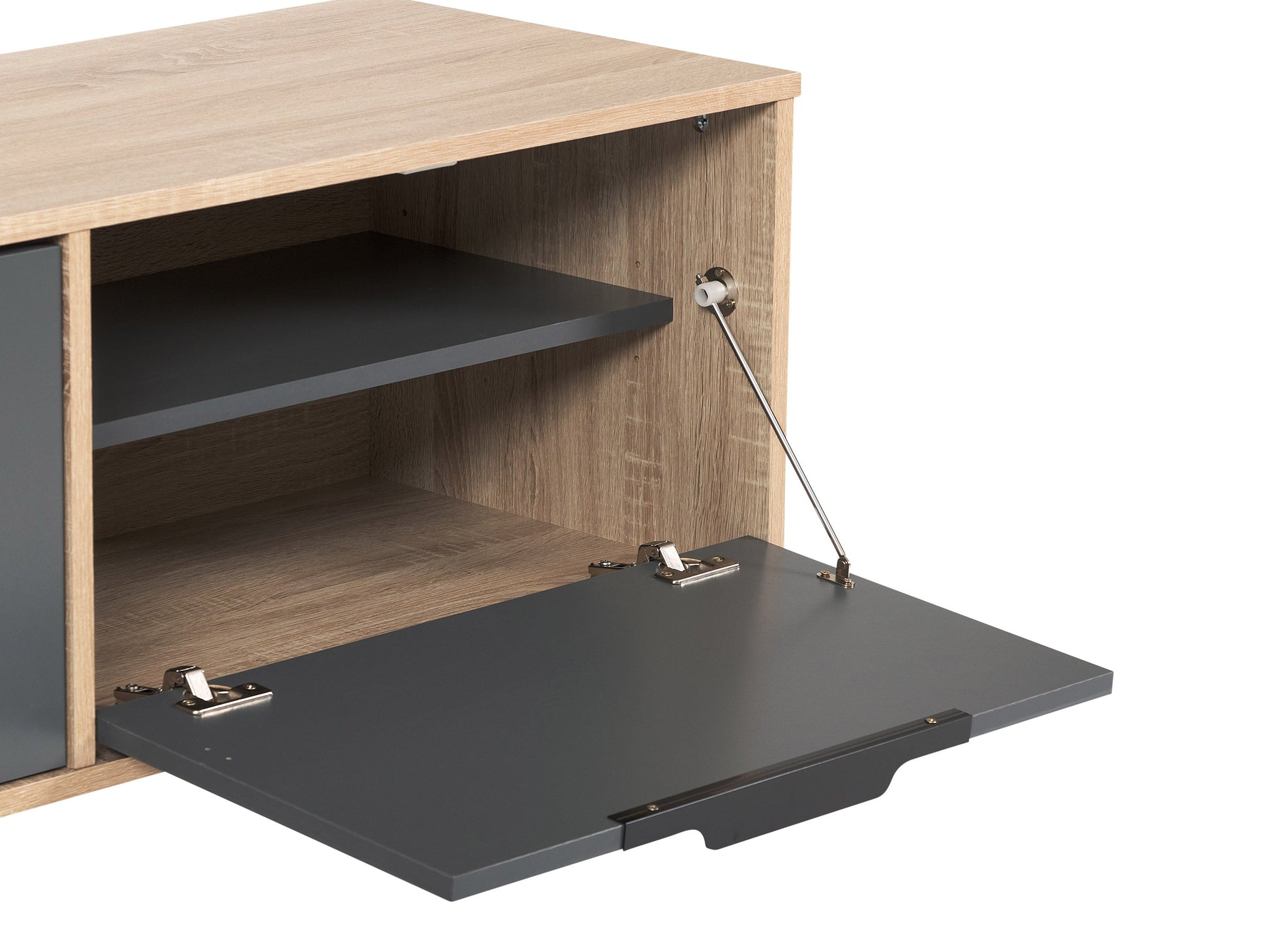 Light wood and grey TV stand with cabinet storage, fits TVs up to 85 inches, featuring sleek design, smooth textures, and ample storage space for media accessories.