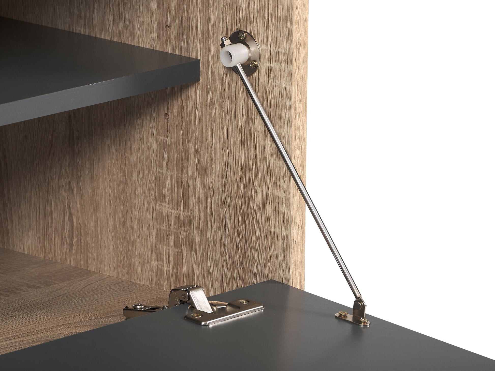 Light wood and grey TV stand with cabinet storage, fits TVs up to 85 inches, featuring sleek design, smooth textures, and ample storage space for media accessories.
