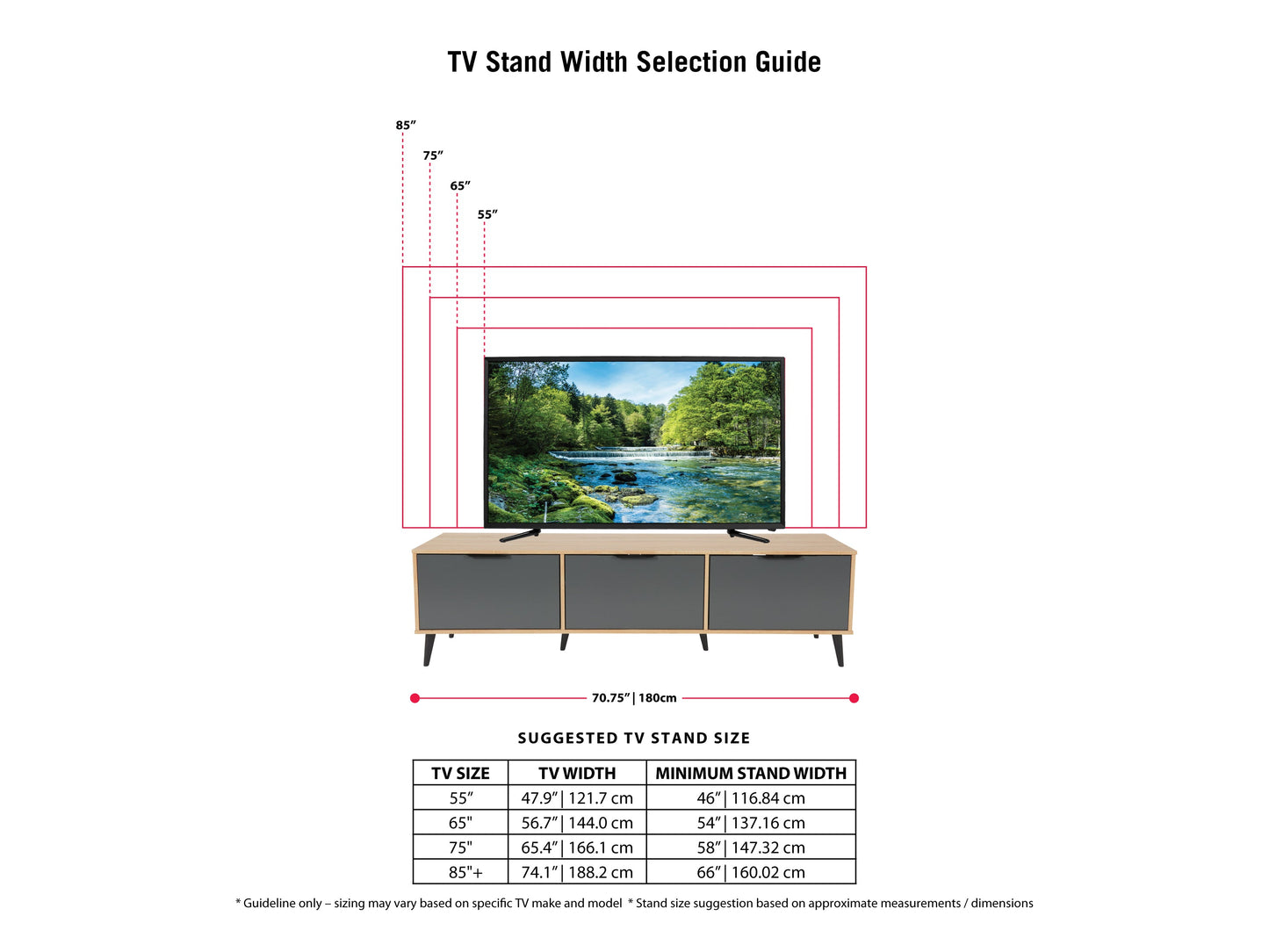 Light wood and grey TV stand with cabinet storage, fits TVs up to 85 inches, featuring sleek design, smooth textures, and ample storage space for media accessories.