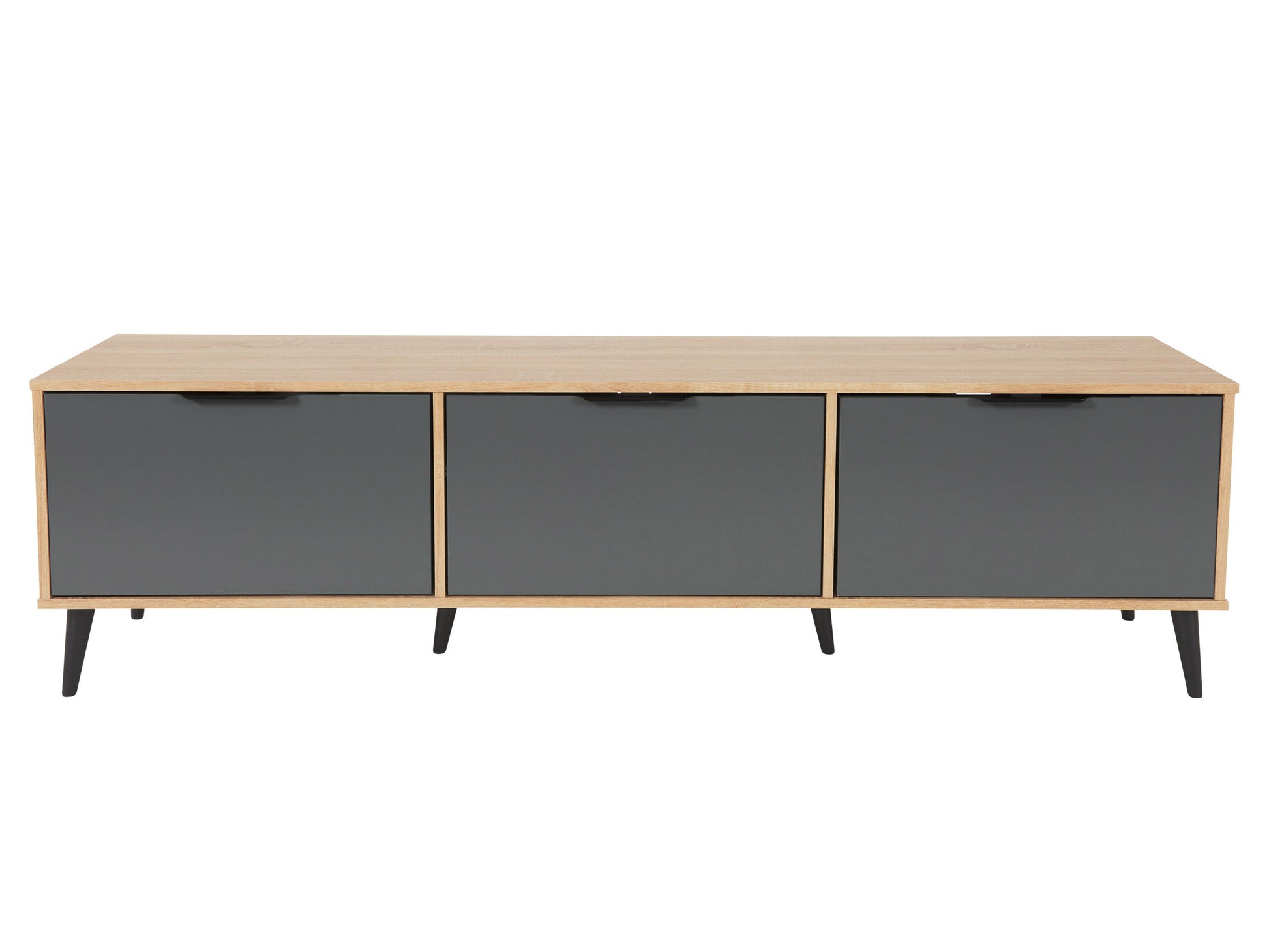 Light wood and grey TV stand with cabinet storage, fits TVs up to 85 inches, featuring sleek design, smooth textures, and ample storage space for media accessories.