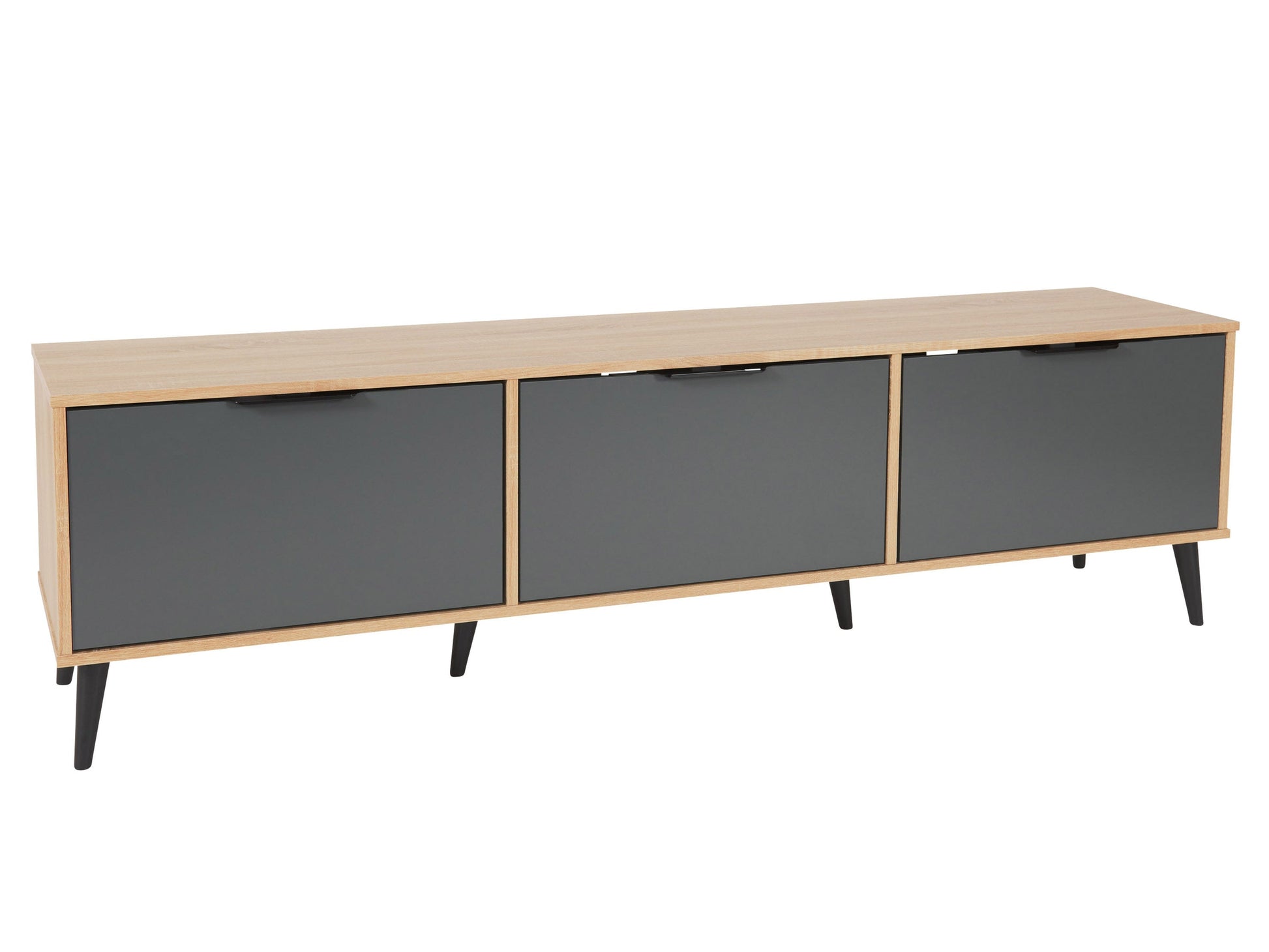 Light wood and grey TV stand with cabinet storage, fits TVs up to 85 inches, featuring sleek design, smooth textures, and ample storage space for media accessories.