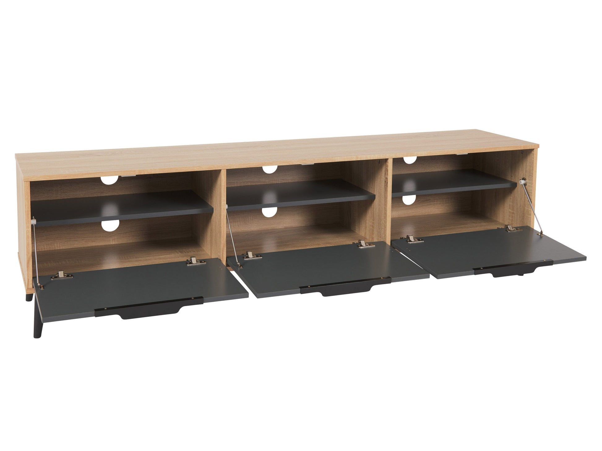 Light wood and grey TV stand with cabinet storage, fits TVs up to 85 inches, featuring sleek design, smooth textures, and ample storage space for media accessories.
