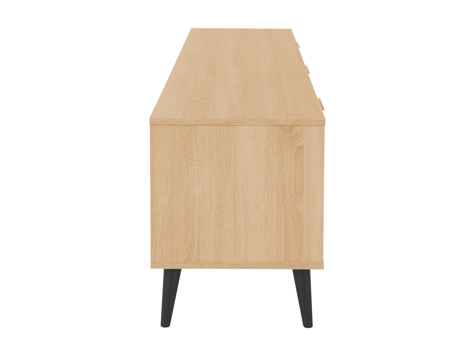 Light wood and grey TV stand with cabinet storage, fits TVs up to 85 inches, featuring sleek design, smooth textures, and ample storage space for media accessories.