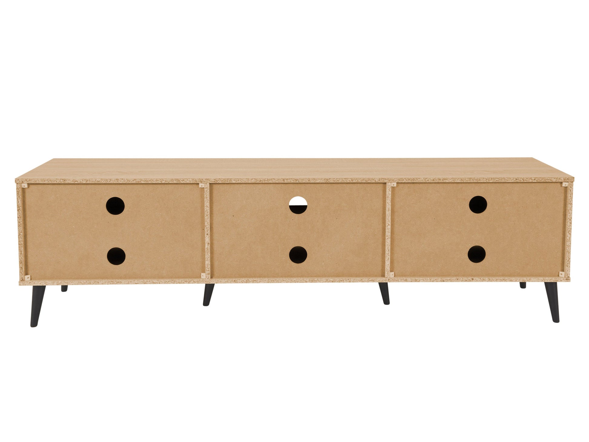 Light wood and grey TV stand with cabinet storage, fits TVs up to 85 inches, featuring sleek design, smooth textures, and ample storage space for media accessories.