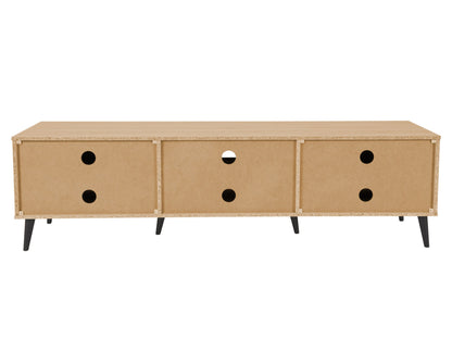 Light wood and grey TV stand with cabinet storage, fits TVs up to 85 inches, featuring sleek design, smooth textures, and ample storage space for media accessories.