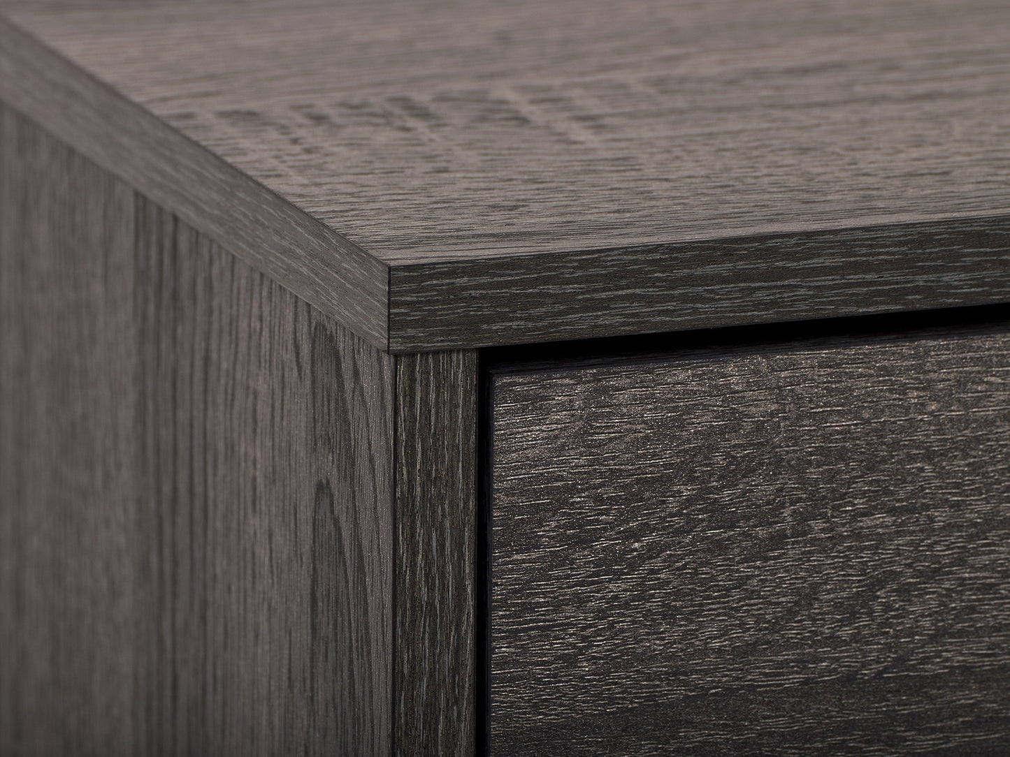 Dark grey TV stand with cabinet storage, suitable for TVs up to 85 inches, featuring sleek lines, modern design, and ample storage space with multiple compartments and shelves.