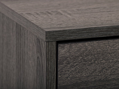 Dark grey TV stand with cabinet storage, suitable for TVs up to 85 inches, featuring sleek lines, modern design, and ample storage space with multiple compartments and shelves.