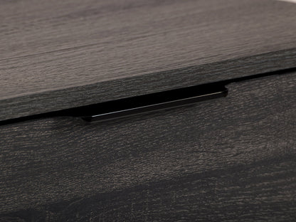 Dark grey TV stand with cabinet storage, suitable for TVs up to 85 inches, featuring sleek lines, modern design, and ample storage space with multiple compartments and shelves.