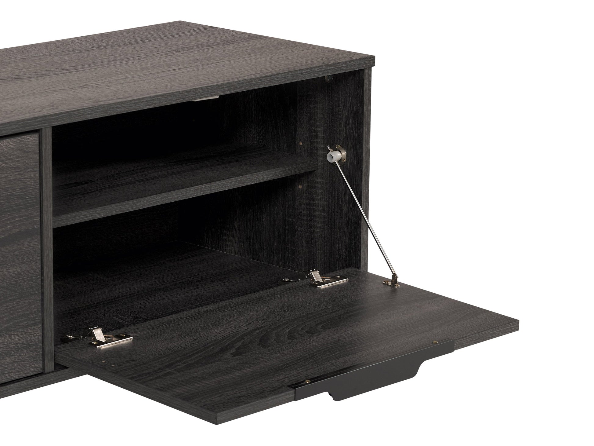 Dark grey TV stand with cabinet storage, suitable for TVs up to 85 inches, featuring sleek lines, modern design, and ample storage space with multiple compartments and shelves.