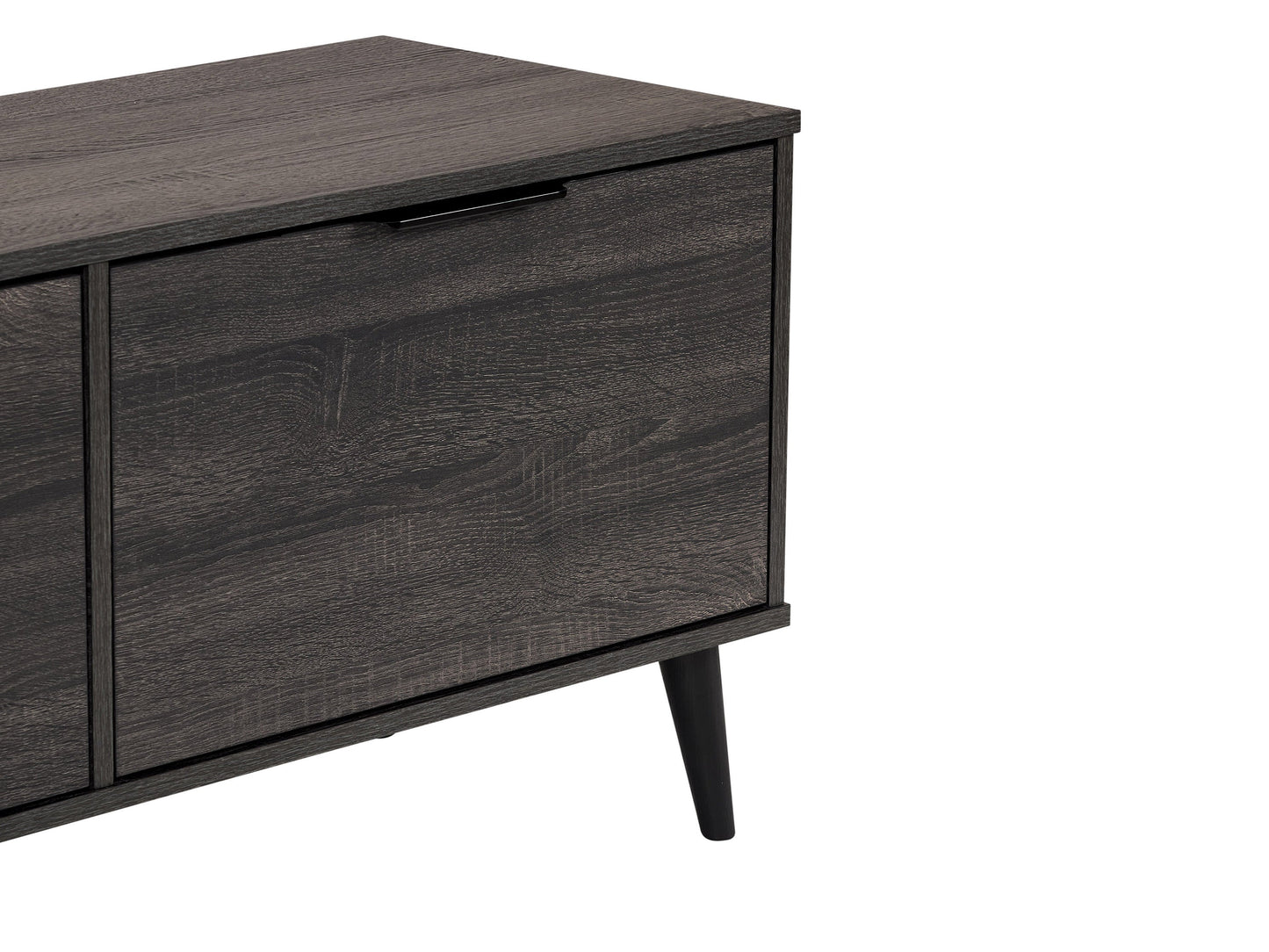 Dark grey TV stand with cabinet storage, suitable for TVs up to 85 inches, featuring sleek lines, modern design, and ample storage space with multiple compartments and shelves.