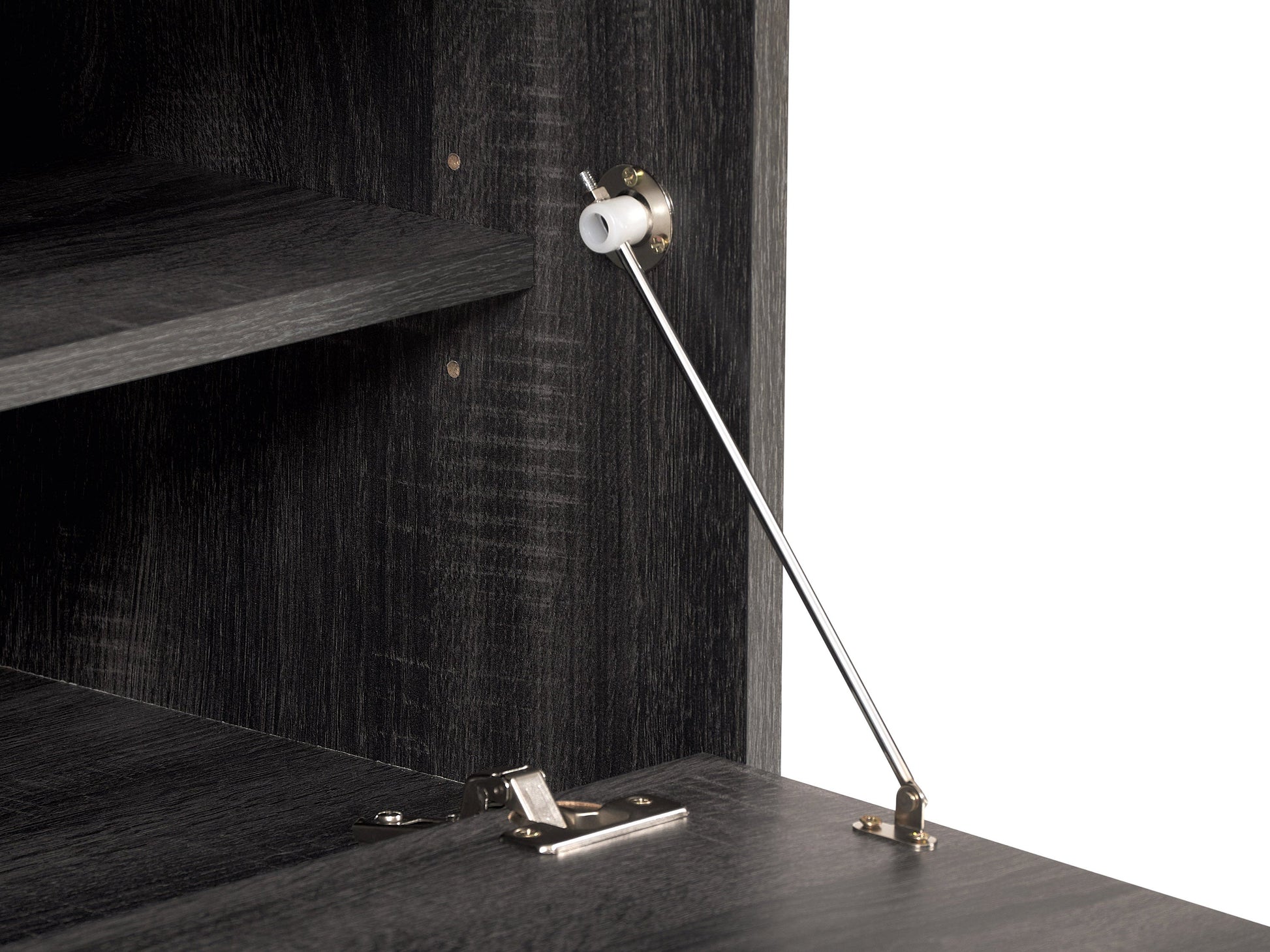Dark grey TV stand with cabinet storage, suitable for TVs up to 85 inches, featuring sleek lines, modern design, and ample storage space with multiple compartments and shelves.