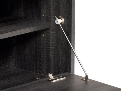 Dark grey TV stand with cabinet storage, suitable for TVs up to 85 inches, featuring sleek lines, modern design, and ample storage space with multiple compartments and shelves.
