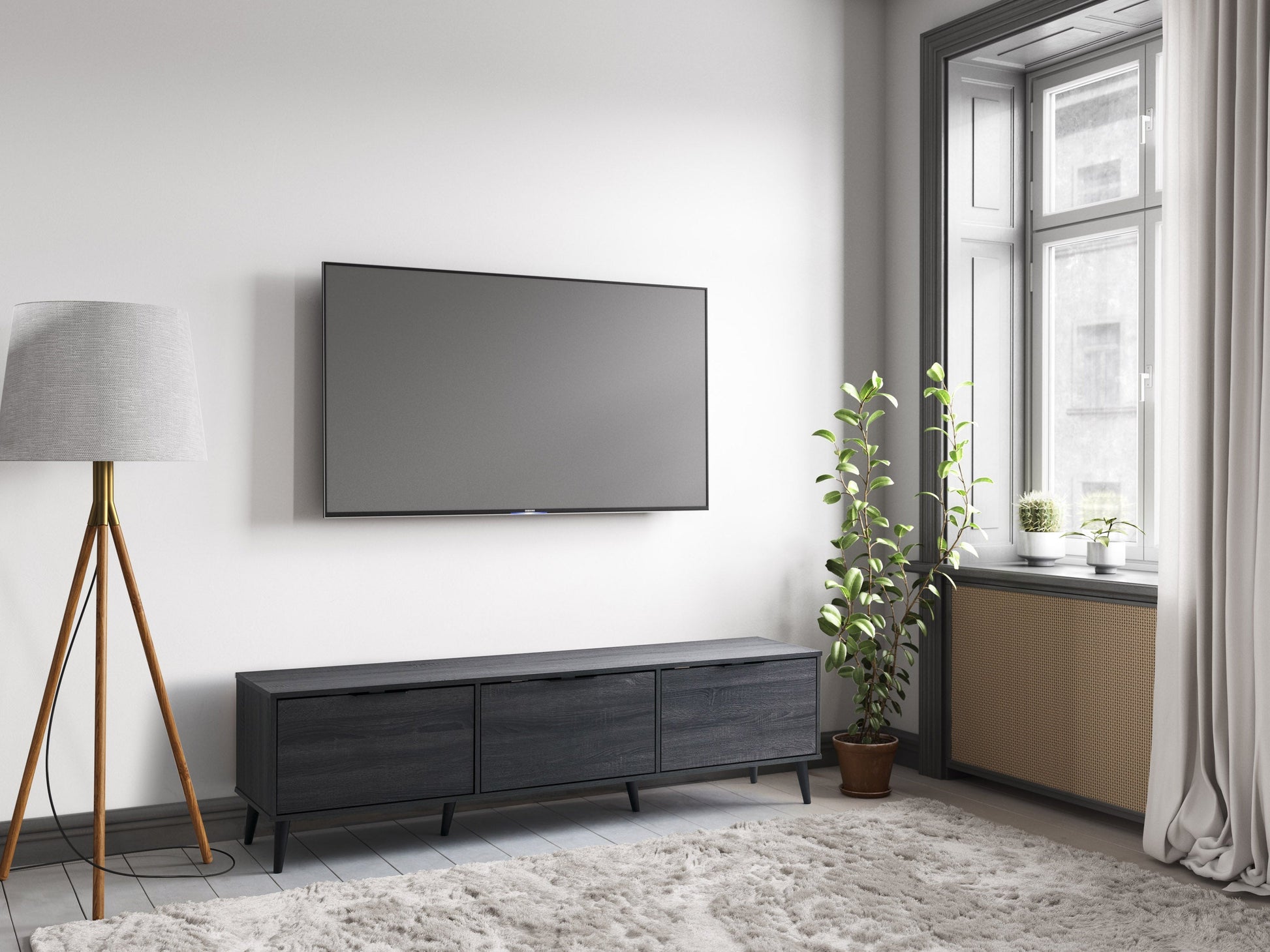 Dark grey TV stand with cabinet storage, suitable for TVs up to 85 inches, featuring sleek lines, modern design, and ample storage space with multiple compartments and shelves.