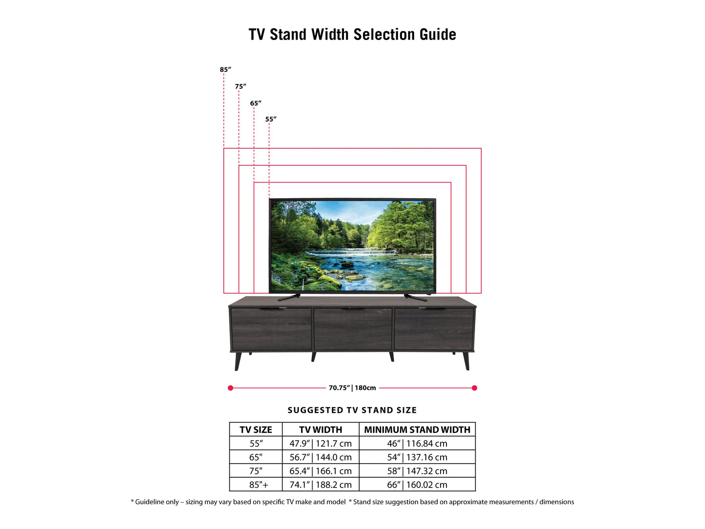 Dark grey TV stand with cabinet storage, suitable for TVs up to 85 inches, featuring sleek lines, modern design, and ample storage space with multiple compartments and shelves.