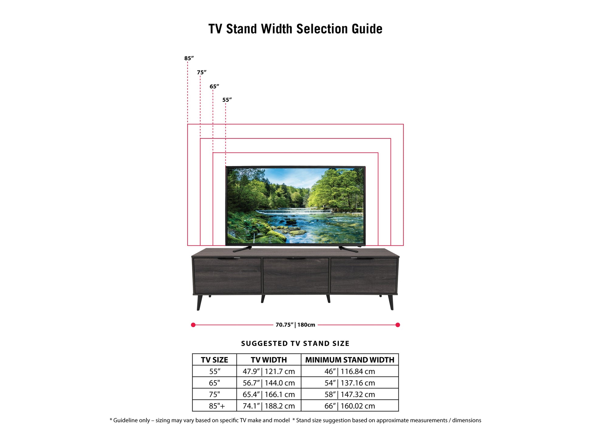 Dark grey TV stand with cabinet storage, suitable for TVs up to 85 inches, featuring sleek lines, modern design, and ample storage space with multiple compartments and shelves.