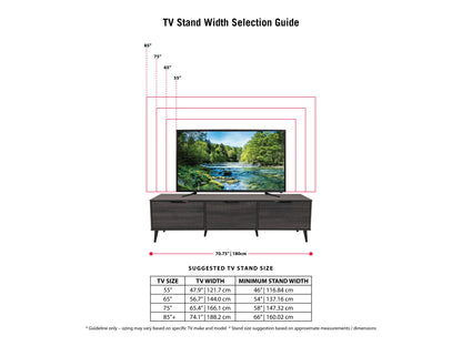 Dark grey TV stand with cabinet storage, suitable for TVs up to 85 inches, featuring sleek lines, modern design, and ample storage space with multiple compartments and shelves.