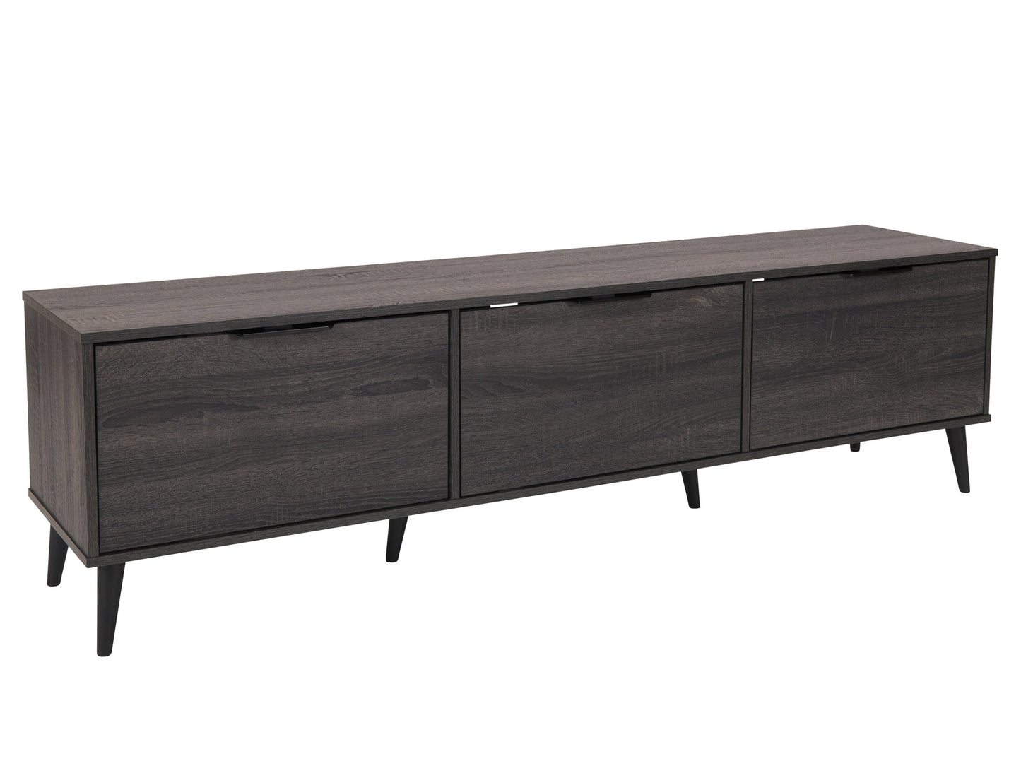 Dark grey TV stand with cabinet storage, suitable for TVs up to 85 inches, featuring sleek lines, modern design, and ample storage space with multiple compartments and shelves.