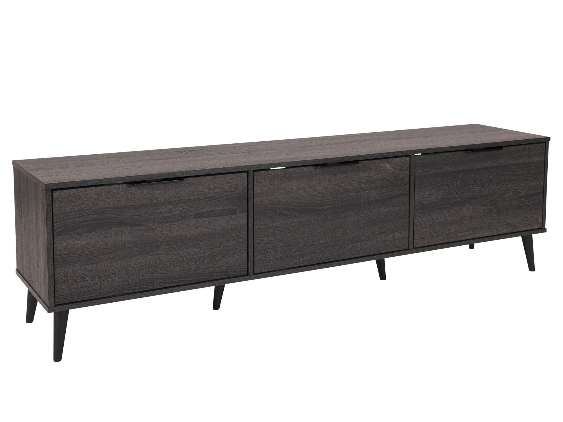 Dark grey TV stand with cabinet storage, suitable for TVs up to 85 inches, featuring sleek lines, modern design, and ample storage space with multiple compartments and shelves.