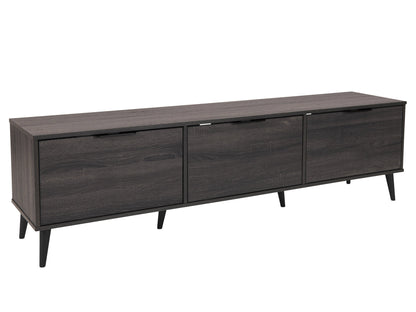 Dark grey TV stand with cabinet storage, suitable for TVs up to 85 inches, featuring sleek lines, modern design, and ample storage space with multiple compartments and shelves.