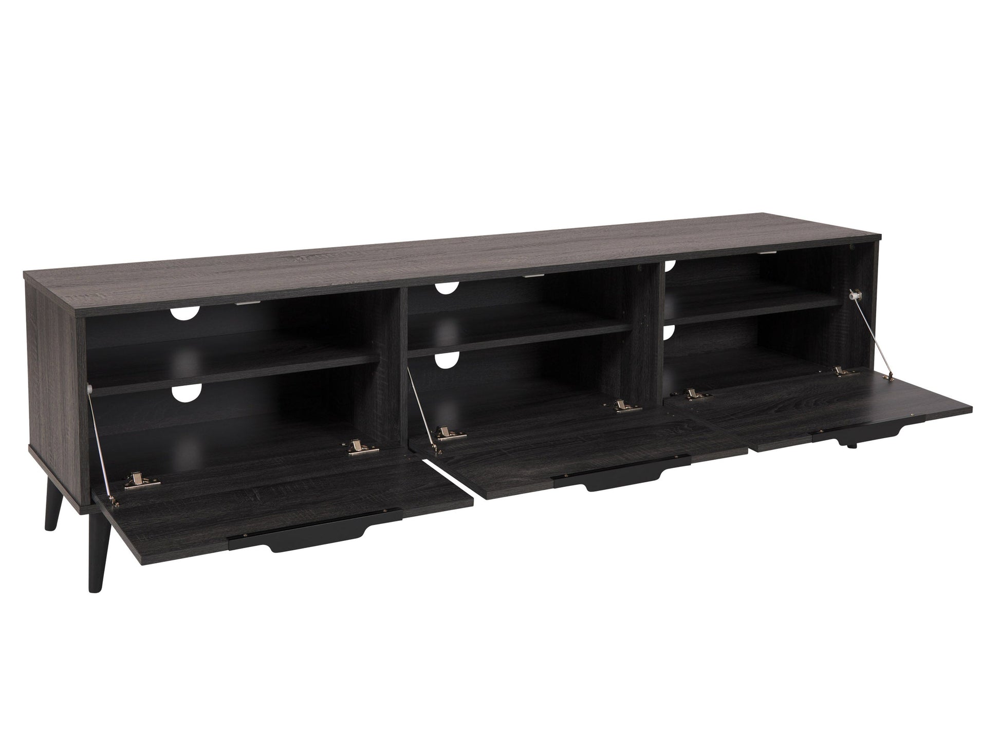Dark grey TV stand with cabinet storage, suitable for TVs up to 85 inches, featuring sleek lines, modern design, and ample storage space with multiple compartments and shelves.