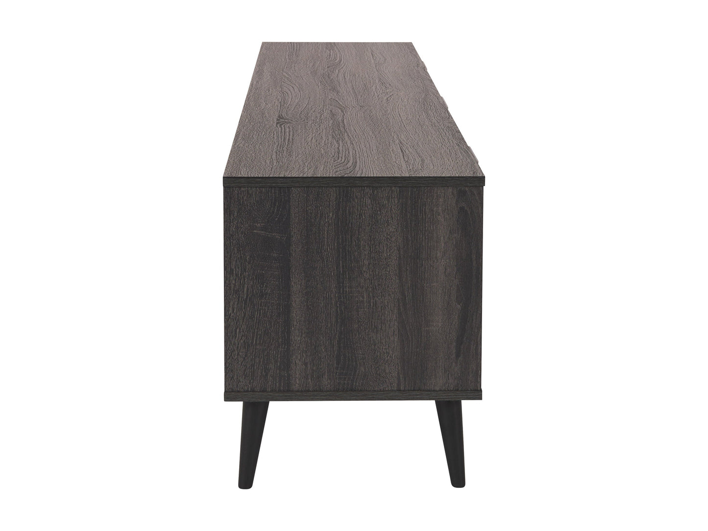 Dark grey TV stand with cabinet storage, suitable for TVs up to 85 inches, featuring sleek lines, modern design, and ample storage space with multiple compartments and shelves.