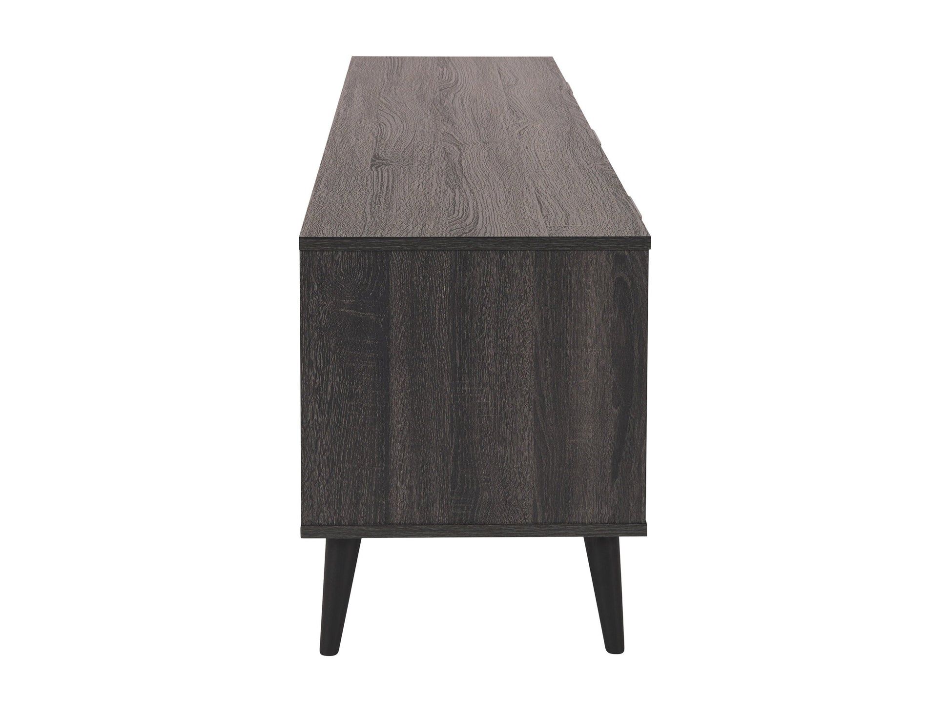 Dark grey TV stand with cabinet storage, suitable for TVs up to 85 inches, featuring sleek lines, modern design, and ample storage space with multiple compartments and shelves.