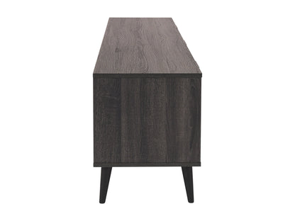Dark grey TV stand with cabinet storage, suitable for TVs up to 85 inches, featuring sleek lines, modern design, and ample storage space with multiple compartments and shelves.