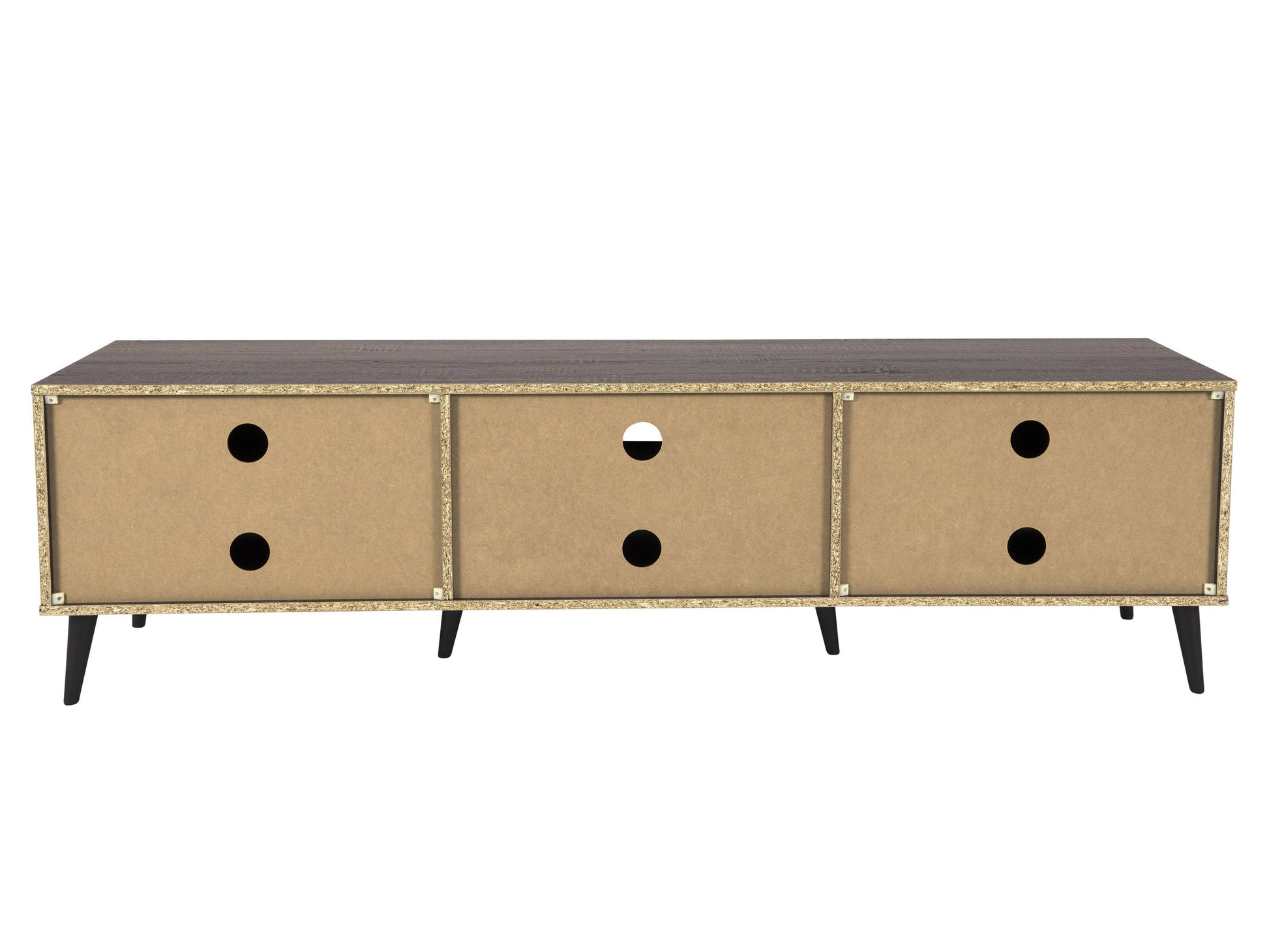 Dark grey TV stand with cabinet storage, suitable for TVs up to 85 inches, featuring sleek lines, modern design, and ample storage space with multiple compartments and shelves.