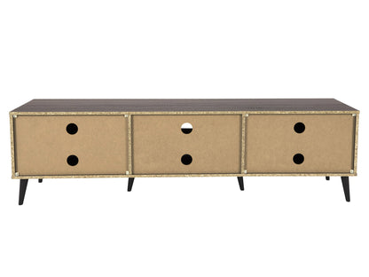 Dark grey TV stand with cabinet storage, suitable for TVs up to 85 inches, featuring sleek lines, modern design, and ample storage space with multiple compartments and shelves.