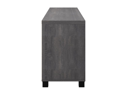 Dark grey TV stand with doors, designed for TVs up to 85 inches. Features sleek, modern design, smooth finish, and ample storage space for media devices and accessories.