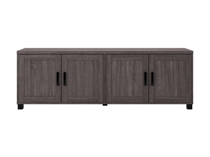 Brown wooden TV stand with doors, suitable for TVs up to 85 inches. Features a sleek design with ample storage space, including two cabinets and open shelving, perfect for living room organization.