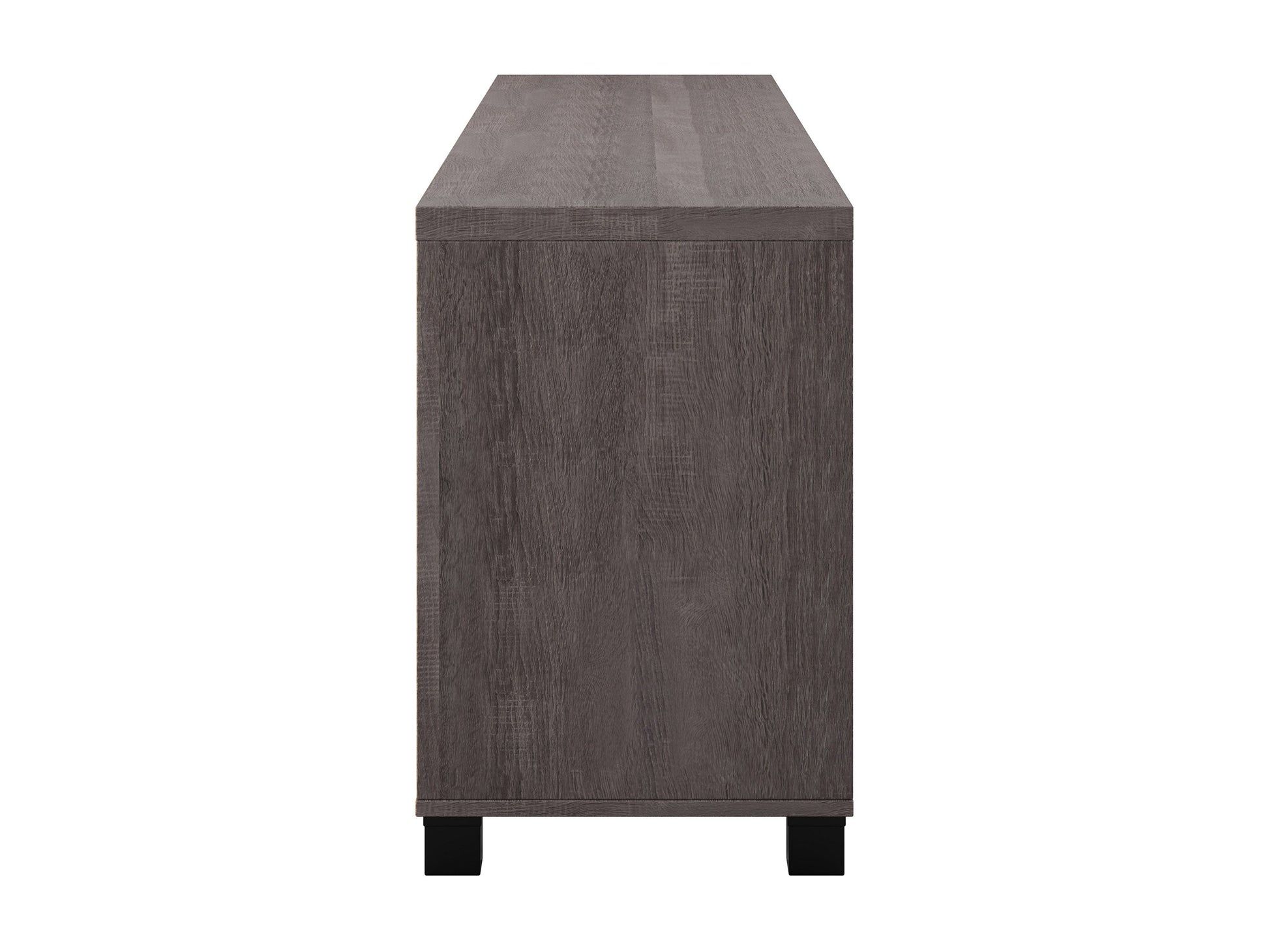 Brown wooden TV stand with doors, suitable for TVs up to 85 inches. Features a sleek design with ample storage space, including two cabinets and open shelving, perfect for living room organization.