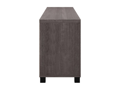 Brown wooden TV stand with doors, suitable for TVs up to 85 inches. Features a sleek design with ample storage space, including two cabinets and open shelving, perfect for living room organization.