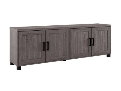 Brown wooden TV stand with doors, suitable for TVs up to 85 inches. Features a sleek design with ample storage space, including two cabinets and open shelving, perfect for living room organization.