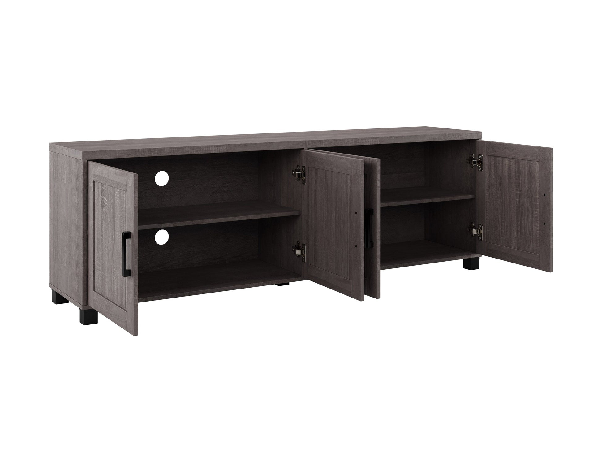 Brown wooden TV stand with doors, suitable for TVs up to 85 inches. Features a sleek design with ample storage space, including two cabinets and open shelving, perfect for living room organization.