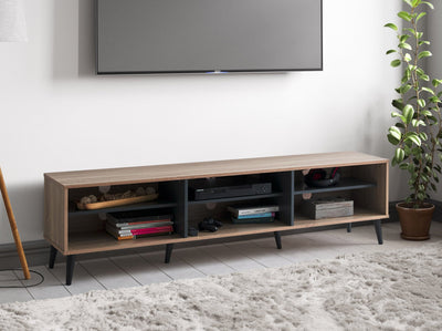 light wood and grey TV Bench with Open Shelves, TVs up to 85" Cole Collection lifestyle scene by CorLiving#color_cole-light-wood-and-grey