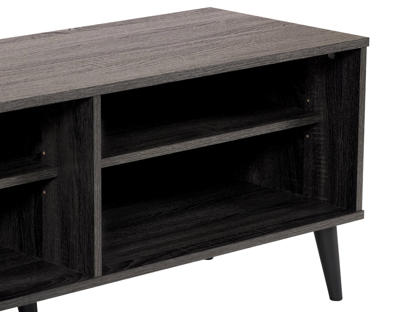 Dark grey TV bench with open shelves, suitable for TVs up to 85 inches. Features sleek, modern design with ample storage space for media devices, books, and decor. Durable wood construction with smooth finish.