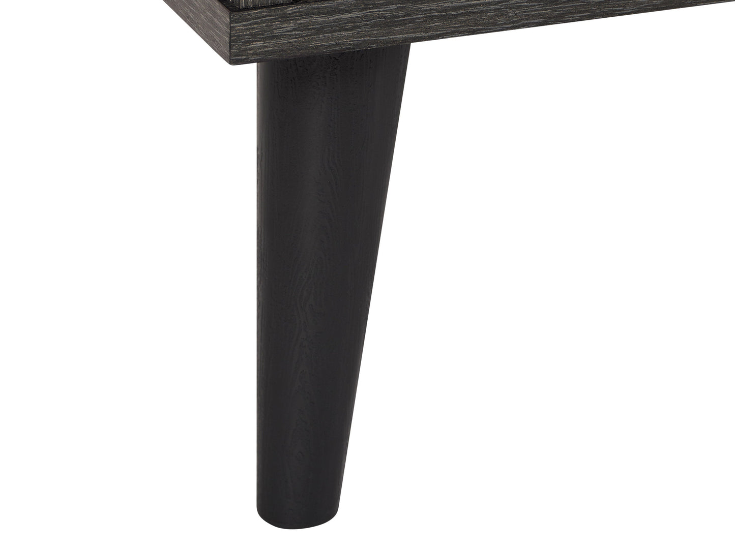 Dark grey TV bench with open shelves, suitable for TVs up to 85 inches. Features sleek, modern design with ample storage space for media devices, books, and decor. Durable wood construction with smooth finish.