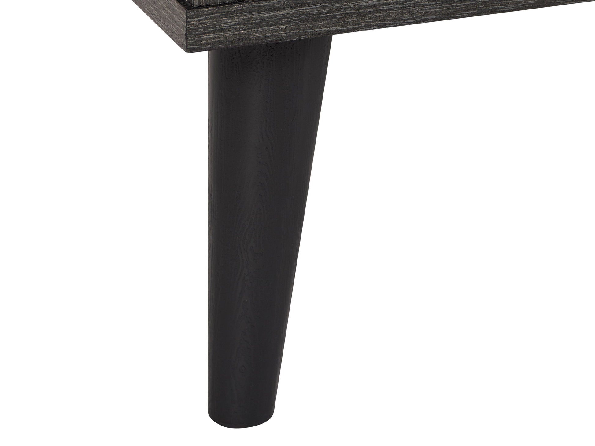 Dark grey TV bench with open shelves, suitable for TVs up to 85 inches. Features sleek, modern design with ample storage space for media devices, books, and decor. Durable wood construction with smooth finish.