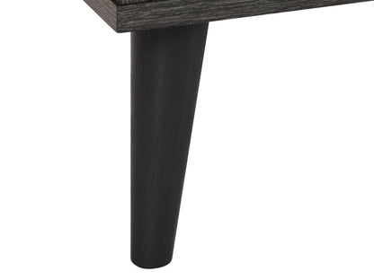 Dark grey TV bench with open shelves, suitable for TVs up to 85 inches. Features sleek, modern design with ample storage space for media devices, books, and decor. Durable wood construction with smooth finish.