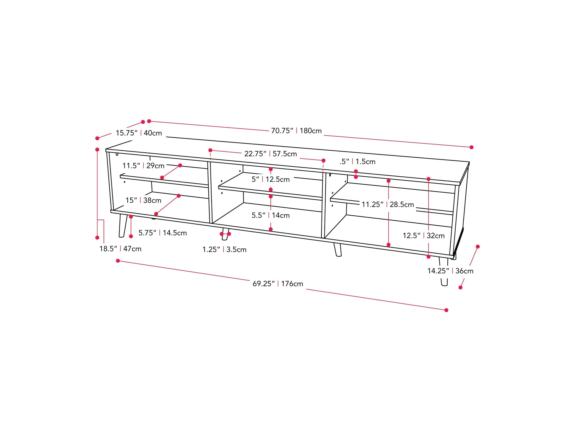 Dark grey TV bench with open shelves, suitable for TVs up to 85 inches. Features sleek, modern design with ample storage space for media devices, books, and decor. Durable wood construction with smooth finish.