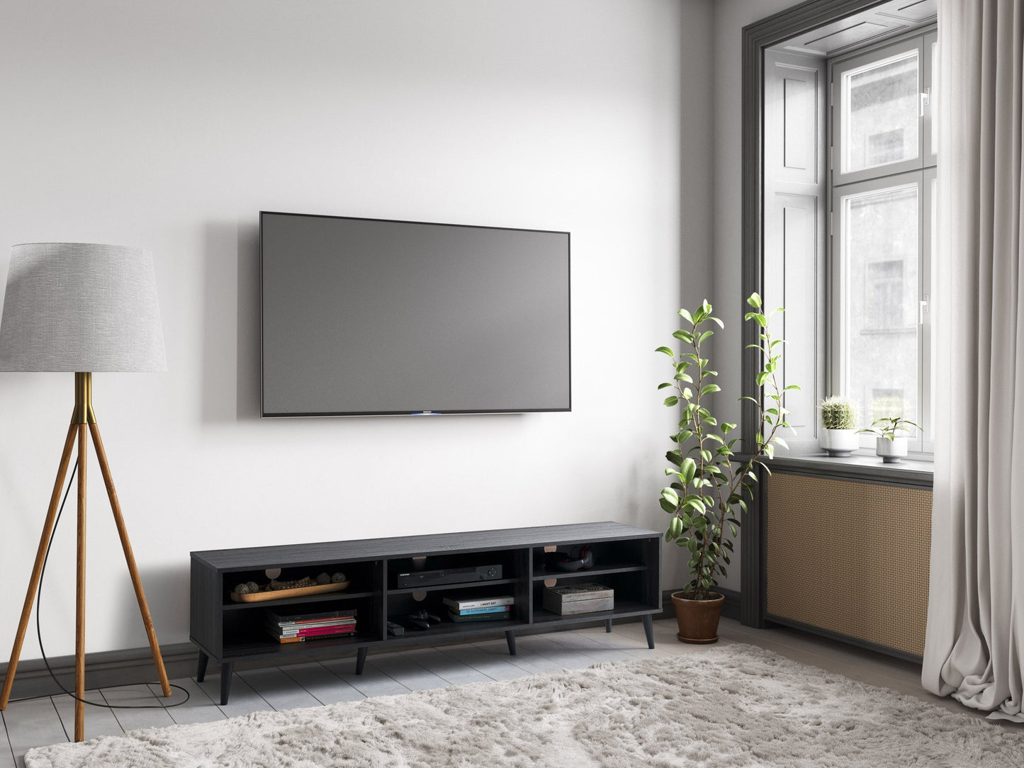 Dark grey TV bench with open shelves, suitable for TVs up to 85 inches. Features sleek, modern design with ample storage space for media devices, books, and decor. Durable wood construction with smooth finish.