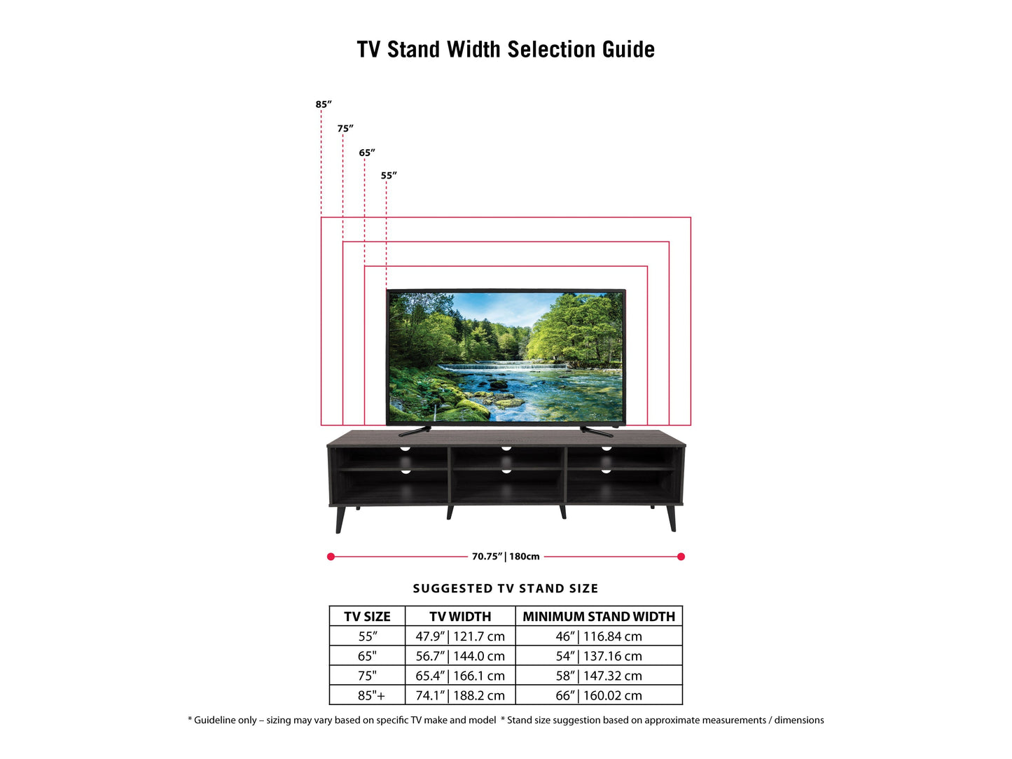 Dark grey TV bench with open shelves, suitable for TVs up to 85 inches. Features sleek, modern design with ample storage space for media devices, books, and decor. Durable wood construction with smooth finish.
