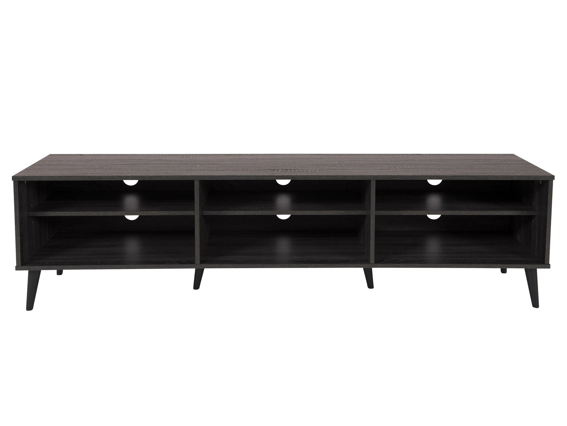 Dark grey TV bench with open shelves, suitable for TVs up to 85 inches. Features sleek, modern design with ample storage space for media devices, books, and decor. Durable wood construction with smooth finish.